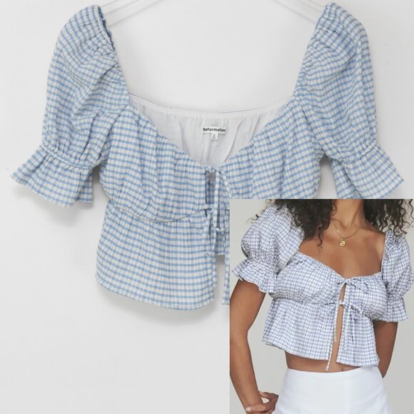 Reformation Tops - Reformation Lena Top Gingham Cropped Puff Sleeve Blouse Blue White Size 2